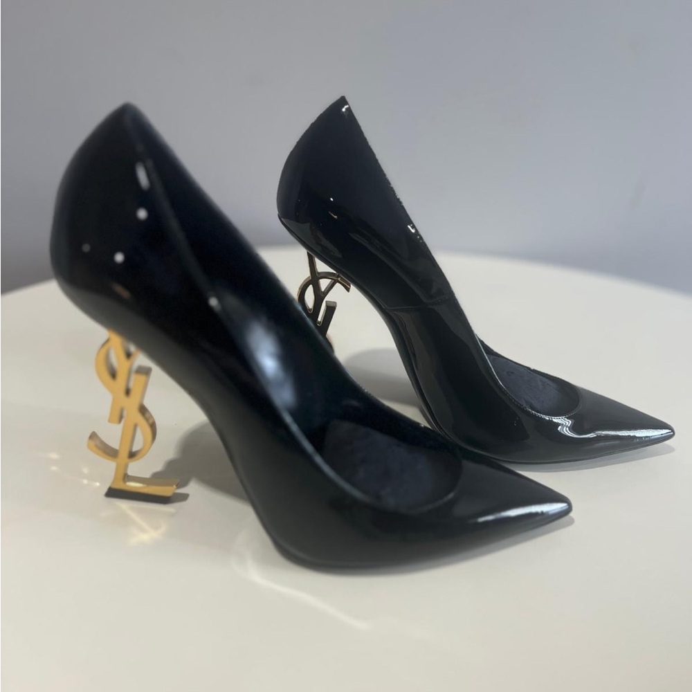 Yves Saint Laurent Glossy Black Heels with Gold Logo